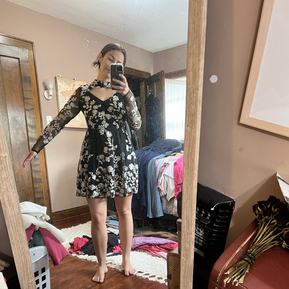 Black Metallic Floral VINTAGE mini dress